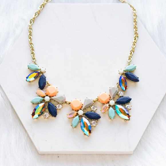 J.Crew Asymmetrical Crystal Clusters Necklace In NEON FLAM - Picture 2 of 6
